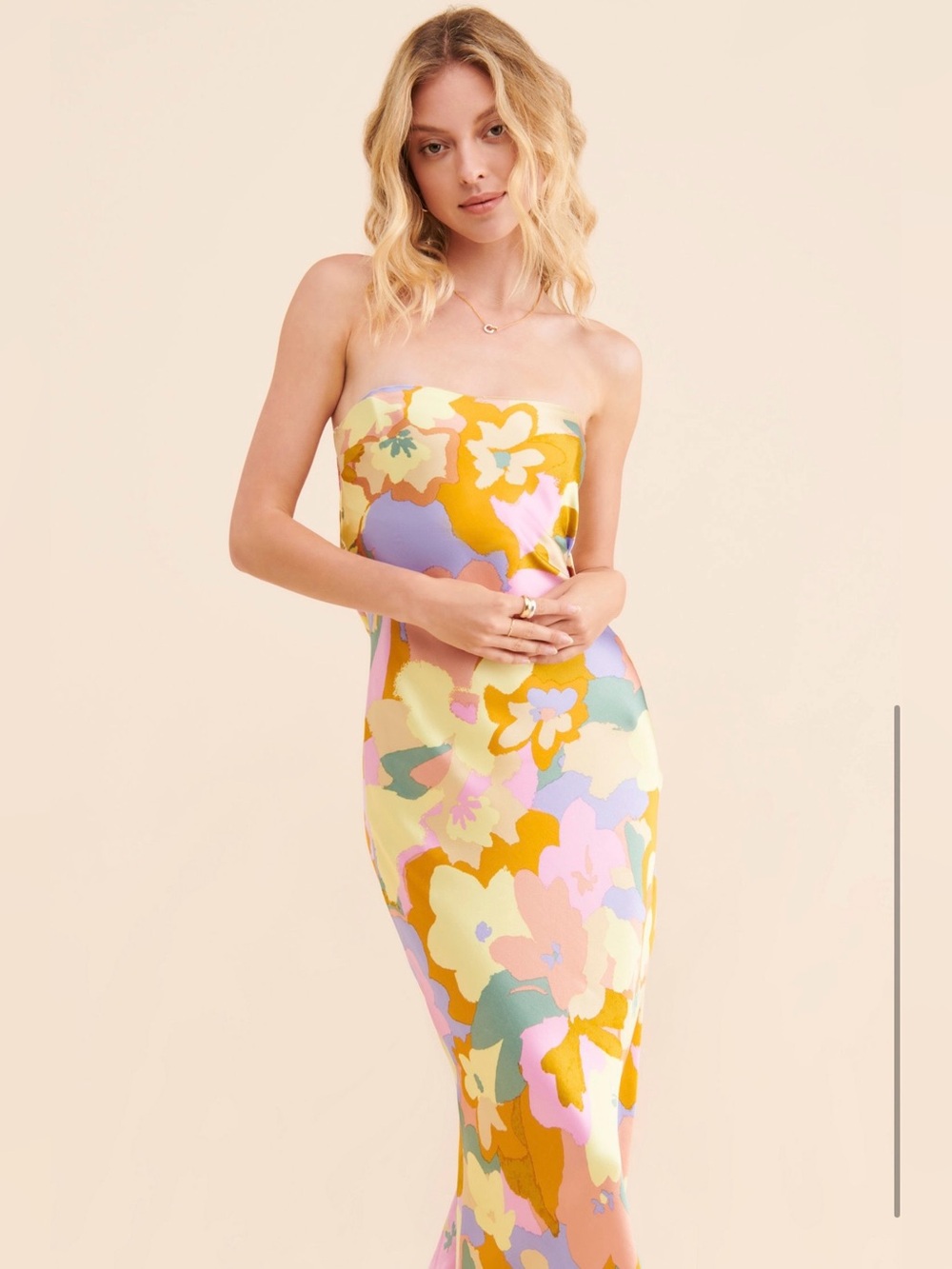 ASTR The Label Annabeth Strapless Satin Floral Midi Dress Lime Rust Combo XL